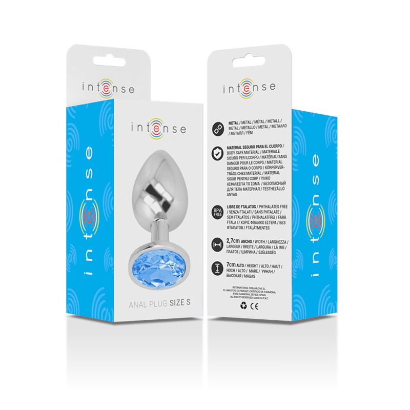 INTENSE - ANALE PLUG VAN ALUMINIUMMETAAL MET BLAUW KRISTAL MAAT S