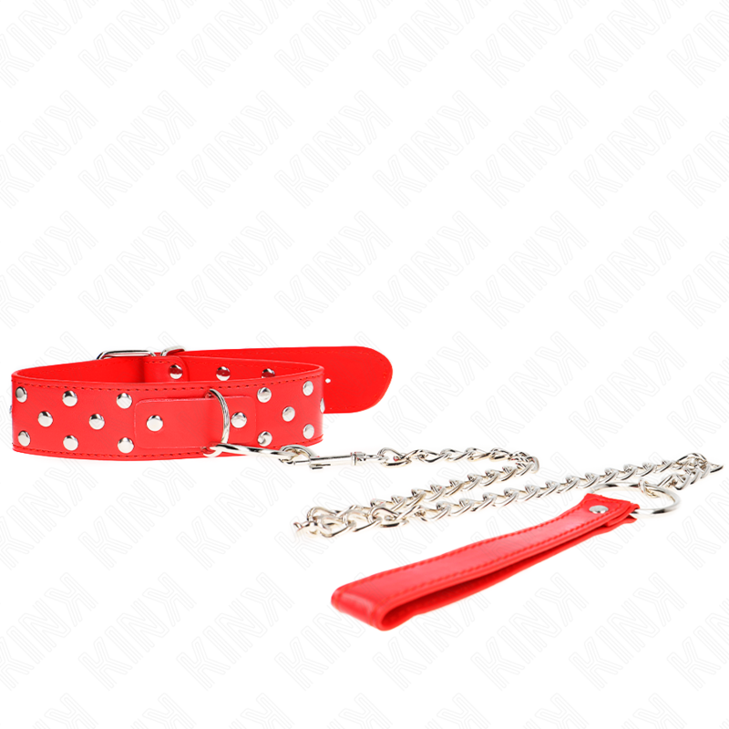 KINK - HALSKETTING MET RIEM EN KLINKNAGELRING 65 CM ROOD, VERSTELBAAR 36-50 CM X 3.8 CM