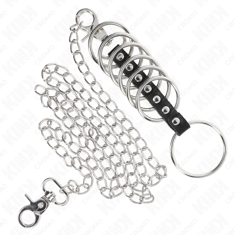 KINK - 7 METALEN PENISRINGEN VAN 3.8 CM TOT 5 CM, VERBONDEN MET LEREN EN METALEN KETTING VAN 100 CM