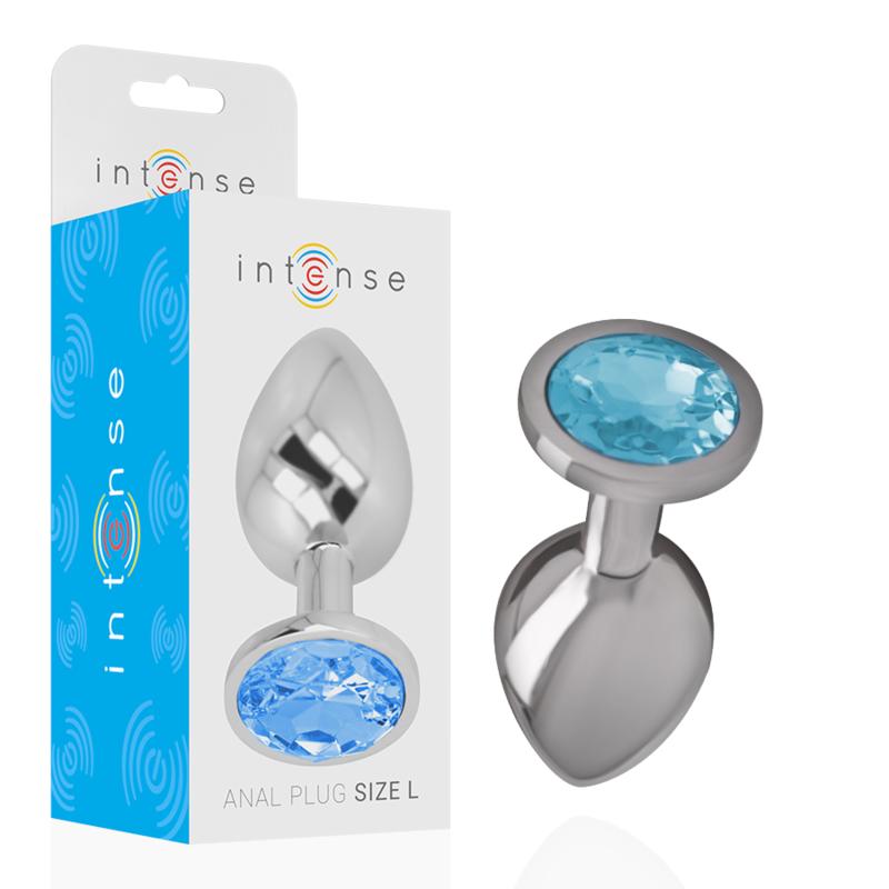INTENSE - ANALE PLUG VAN ALUMINIUMMETAAL MET BLAUW KRISTAL MAAT L