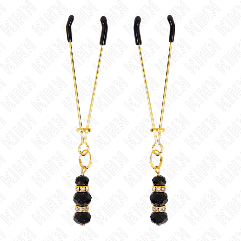 KINK - DUNNE GOUDEN TEPELKLEMMEN MET 3 ZWARTE GLAZEN KRALEN 7 CM