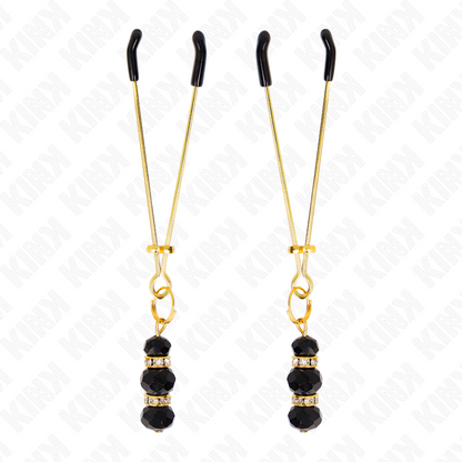 KINK - DUNNE GOUDEN TEPELKLEMMEN MET 3 ZWARTE GLAZEN KRALEN 7 CM