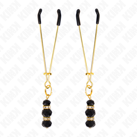 KINK - DUNNE GOUDEN TEPELKLEMMEN MET 3 ZWARTE GLAZEN KRALEN 7 CM