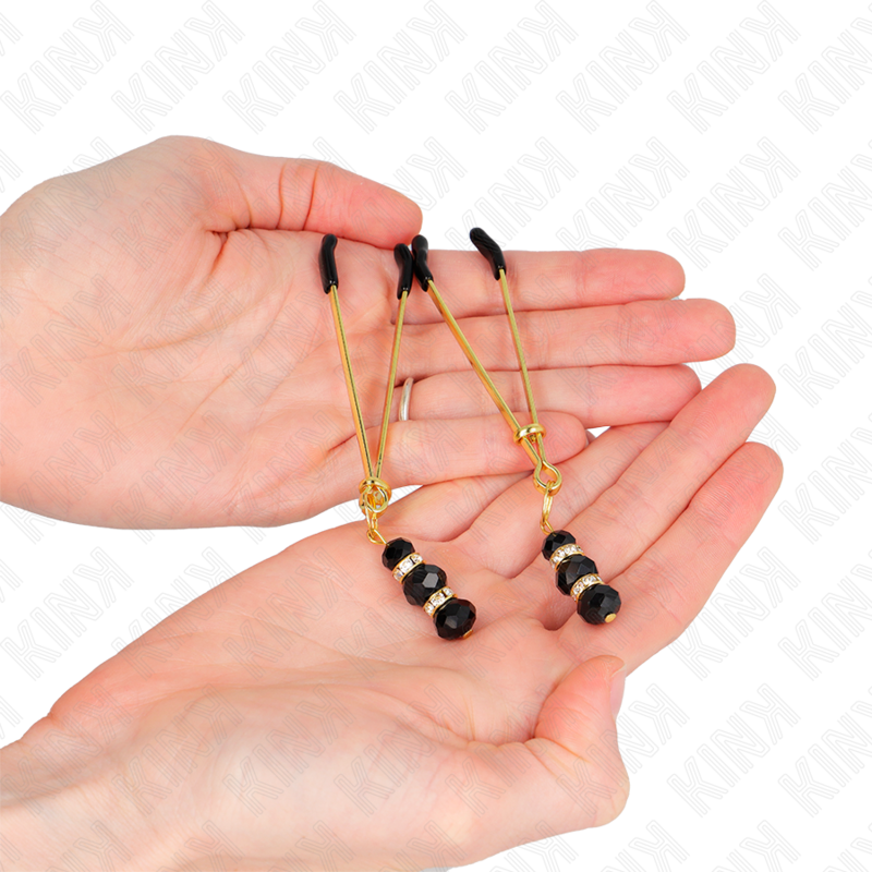 KINK - DUNNE GOUDEN TEPELKLEMMEN MET 3 ZWARTE GLAZEN KRALEN 7 CM