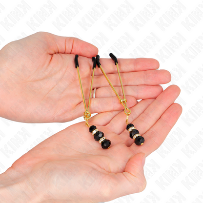 KINK - DUNNE GOUDEN TEPELKLEMMEN MET 3 ZWARTE GLAZEN KRALEN 7 CM