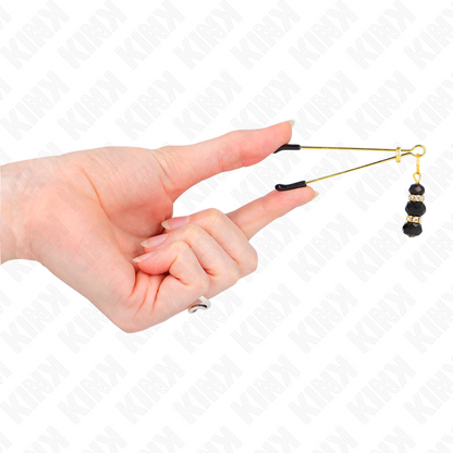 KINK - DUNNE GOUDEN TEPELKLEMMEN MET 3 ZWARTE GLAZEN KRALEN 7 CM