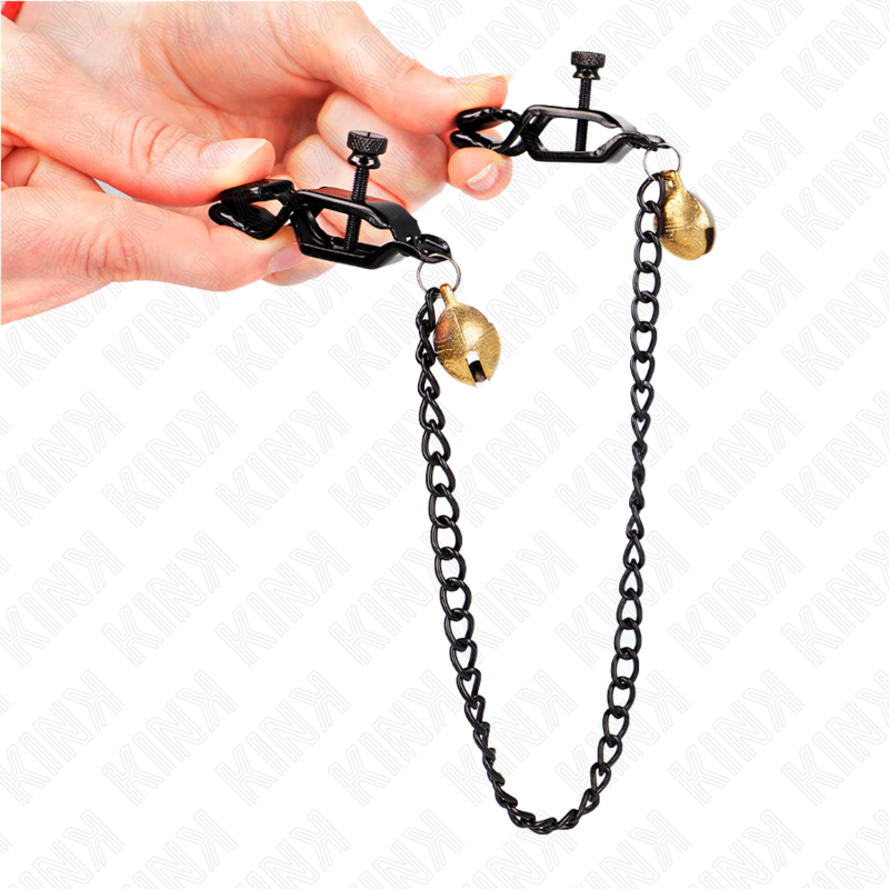 KINK - TEPELKLEMMEN MET PLATTE KETTING EN BEL ZILVER 30 CM