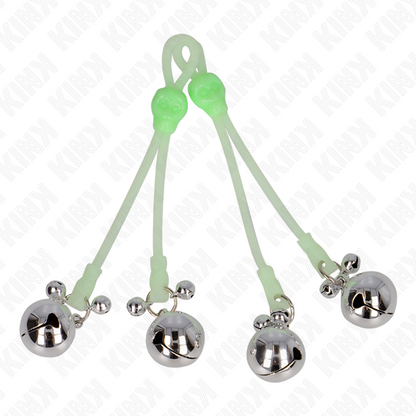 KINK - LICHTGEVENDE TEPELKLEMMEN MET SCHEDel MET RINGBELLETJES VERSTELBAAR GROEN / ZILVER