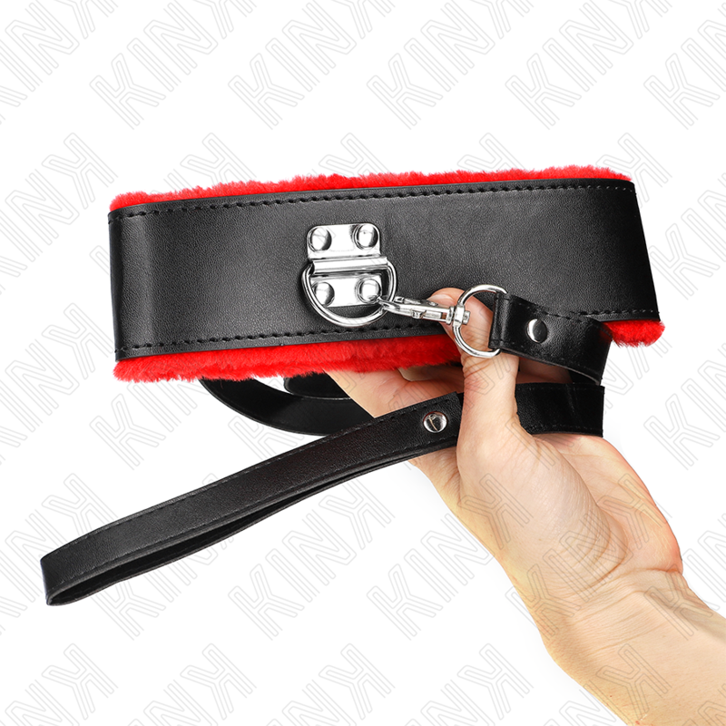 KINK - Halsband met riem 116 cm met rode leren band verstelbaar 40-48 cm x 6 cm