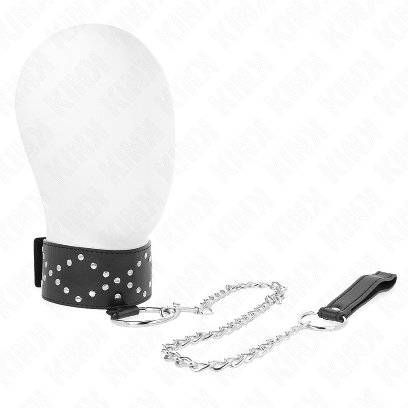KINK - HALSBAND 65 CM MET LEIDSEL EN ZILVEREN STUDS MODEL 3 VERSTELBAAR 36-43 CM X 5 CM