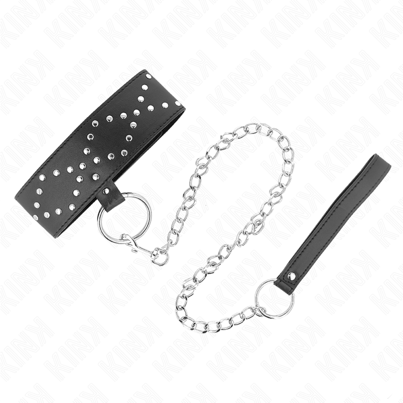 KINK - HALSBAND 65 CM MET LEIDSEL EN ZILVEREN STUDS MODEL 3 VERSTELBAAR 36-43 CM X 5 CM