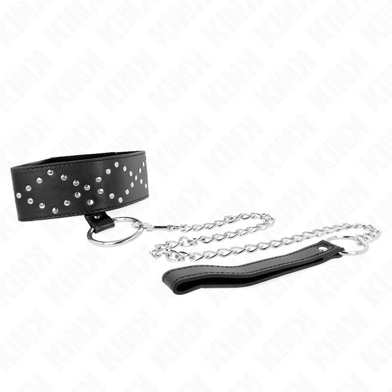 KINK - HALSBAND 65 CM MET LEIDSEL EN ZILVEREN STUDS MODEL 3 VERSTELBAAR 36-43 CM X 5 CM