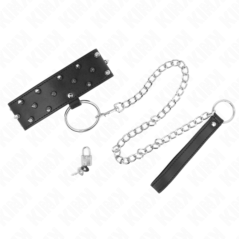 KINK - Halsband met riem 65 cm met zilveren studs model 5 verstelbaar 36-43 cm x 5 cm