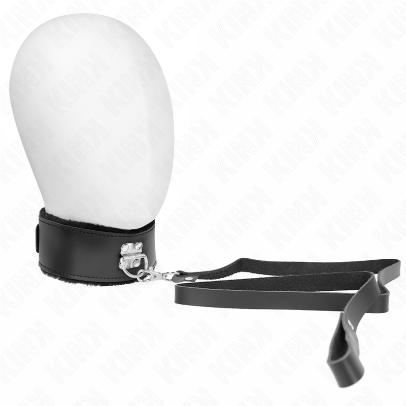 KINK - Halsband met riem 116 cm met zwarte leren band verstelbaar 40-48 cm x 6 cm