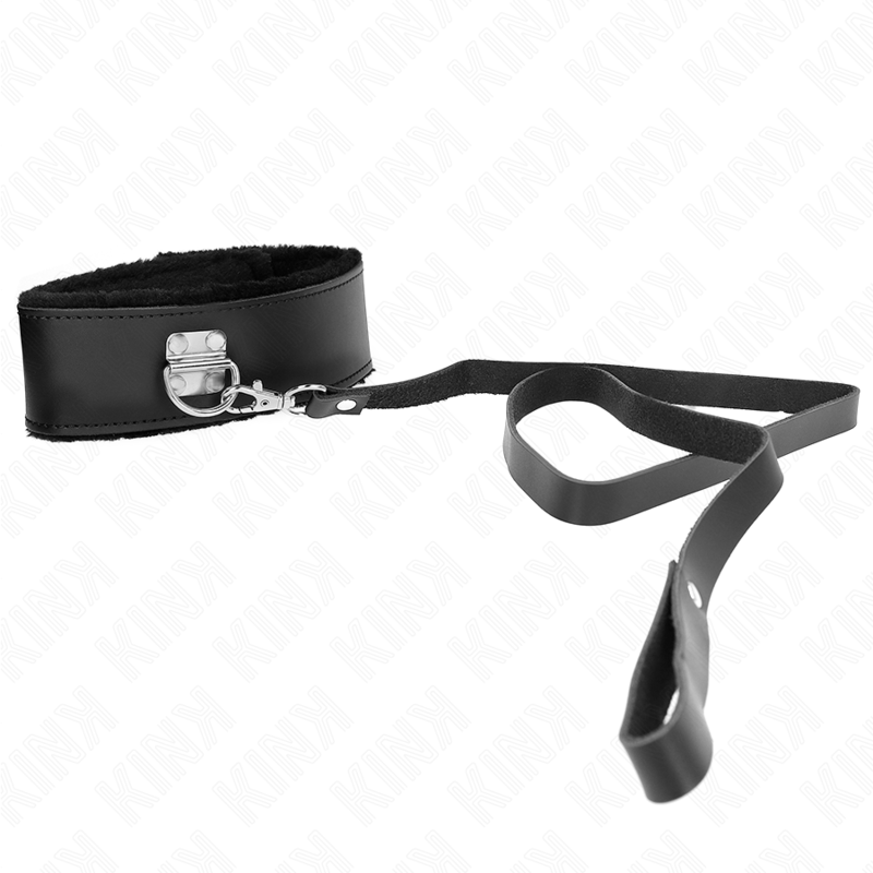 KINK - Halsband met riem 116 cm met zwarte leren band verstelbaar 40-48 cm x 6 cm