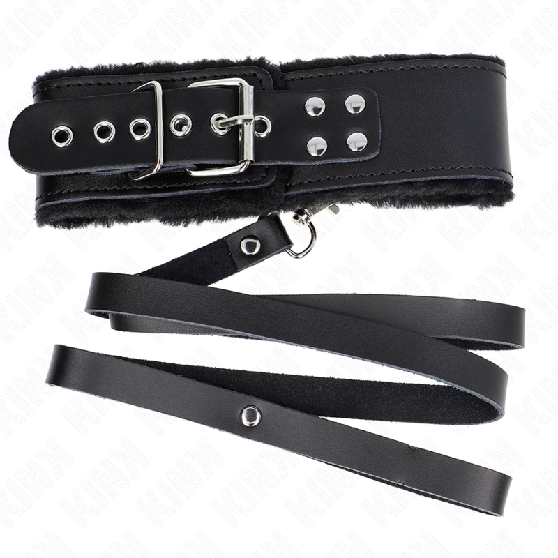 KINK - Halsband met riem 116 cm met zwarte leren band verstelbaar 40-48 cm x 6 cm
