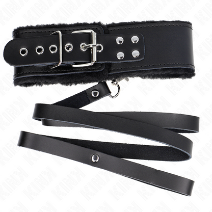 KINK - Halsband met riem 116 cm met zwarte leren band verstelbaar 40-48 cm x 6 cm