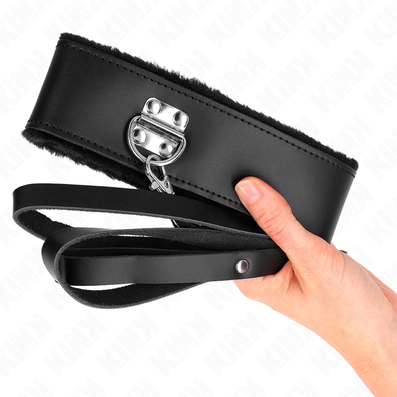 KINK - Halsband met riem 116 cm met zwarte leren band verstelbaar 40-48 cm x 6 cm