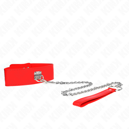 KINK - Halsband met riem 65 CM, met brede rode band, verstelbaar 33.5-41 CM X 5 CM