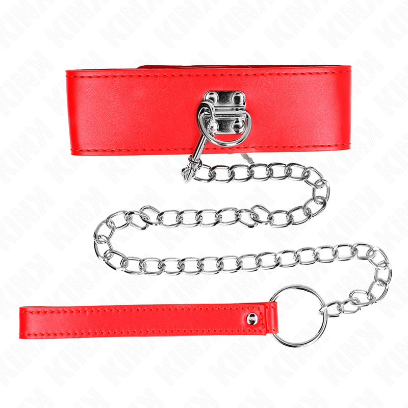 KINK - Halsband met riem 65 CM, met brede rode band, verstelbaar 33.5-41 CM X 5 CM