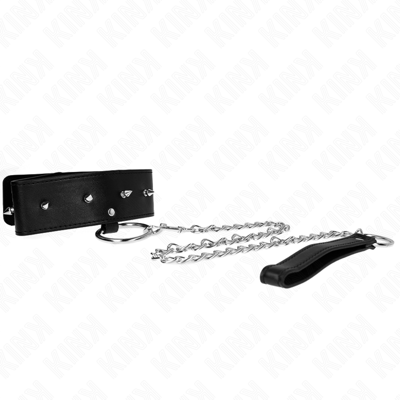 KINK - HALSBAND 65 CM MET LEIDSEL EN ZILVEREN STUDS MODEL 2 VERSTELBAAR 36-43 CM X 5 CM
