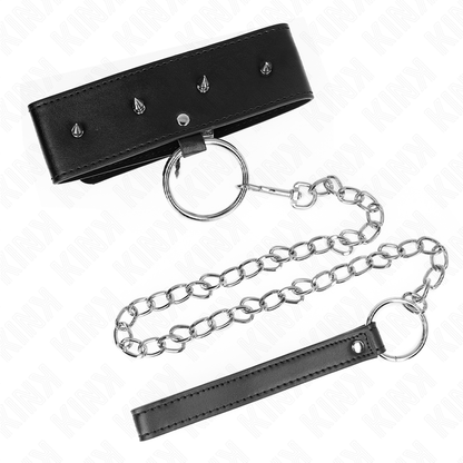 KINK - HALSBAND 65 CM MET LEIDSEL EN ZILVEREN STUDS MODEL 2 VERSTELBAAR 36-43 CM X 5 CM