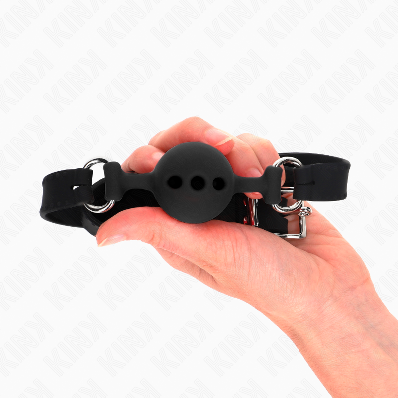 KINK - VOLLEDIG SILICONEN GAG 55 x 2 CM MET BAL VAN 4 CM MAAT S ZWART VERSTELBAAR 35-51 CM