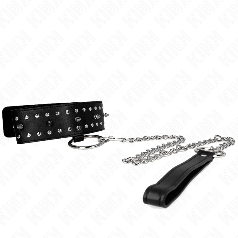 KINK - HALSBAND MET RIEM 65 CM EN LEIDSEL MET ZILVEREN STUDS MODEL 1 VERSTELBAAR 36-43 CM X 5 CM