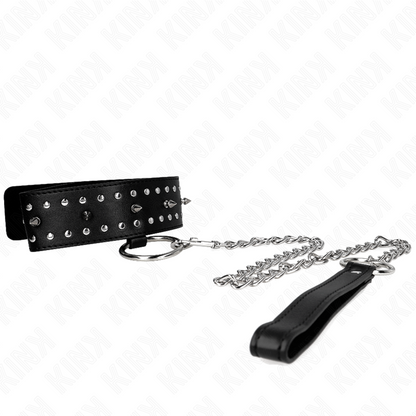 KINK - HALSBAND MET RIEM 65 CM EN LEIDSEL MET ZILVEREN STUDS MODEL 1 VERSTELBAAR 36-43 CM X 5 CM