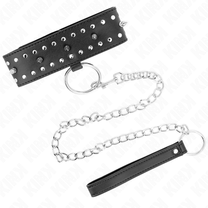KINK - HALSBAND MET RIEM 65 CM EN LEIDSEL MET ZILVEREN STUDS MODEL 1 VERSTELBAAR 36-43 CM X 5 CM