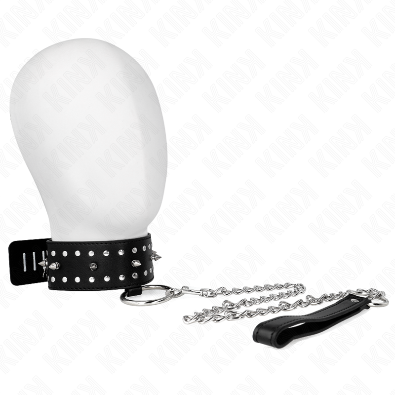 KINK - HALSBAND MET RIEM 65 CM EN LEIDSEL MET ZILVEREN STUDS MODEL 1 VERSTELBAAR 36-43 CM X 5 CM
