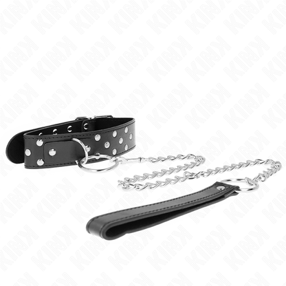 KINK - HALSKETTING MET RIEM EN KLINKNAGELRING 65 CM ZWART, VERSTELBAAR 36-50 CM X 3.8 CM
