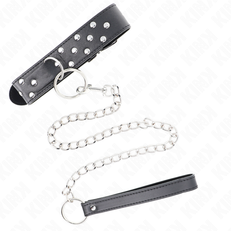 KINK - HALSKETTING MET RIEM EN KLINKNAGELRING 65 CM ZWART, VERSTELBAAR 36-50 CM X 3.8 CM