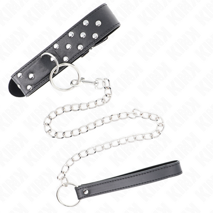KINK - HALSKETTING MET RIEM EN KLINKNAGELRING 65 CM ZWART, VERSTELBAAR 36-50 CM X 3.8 CM