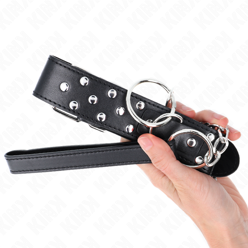 KINK - HALSKETTING MET RIEM EN KLINKNAGELRING 65 CM ZWART, VERSTELBAAR 36-50 CM X 3.8 CM