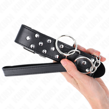KINK - HALSKETTING MET RIEM EN KLINKNAGELRING 65 CM ZWART, VERSTELBAAR 36-50 CM X 3.8 CM