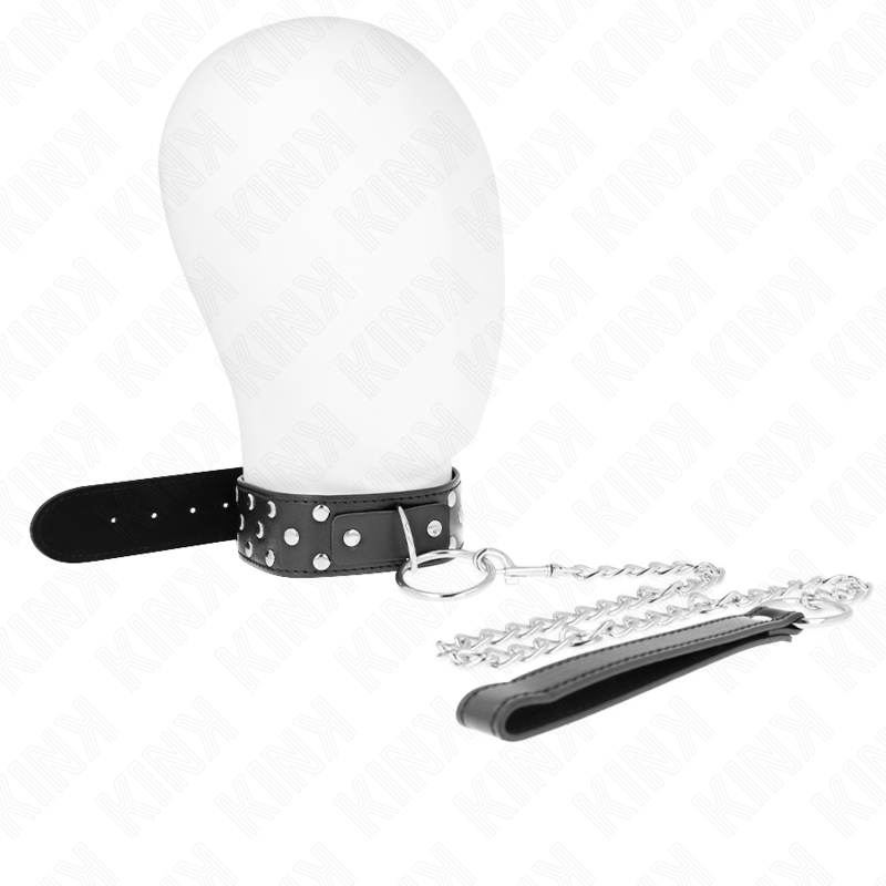 KINK - HALSKETTING MET RIEM EN KLINKNAGELRING 65 CM ZWART, VERSTELBAAR 36-50 CM X 3.8 CM