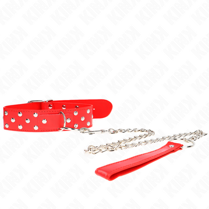 KINK - HALSKETTING MET RIEM EN KLINKNAGELRING 65 CM ROOD, VERSTELBAAR 36-50 CM X 3.8 CM