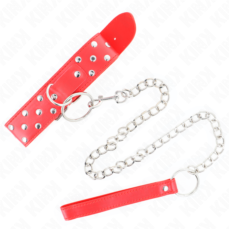 KINK - HALSKETTING MET RIEM EN KLINKNAGELRING 65 CM ROOD, VERSTELBAAR 36-50 CM X 3.8 CM