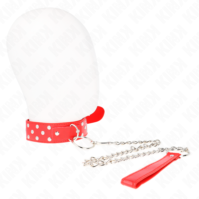 KINK - HALSKETTING MET RIEM EN KLINKNAGELRING 65 CM ROOD, VERSTELBAAR 36-50 CM X 3.8 CM
