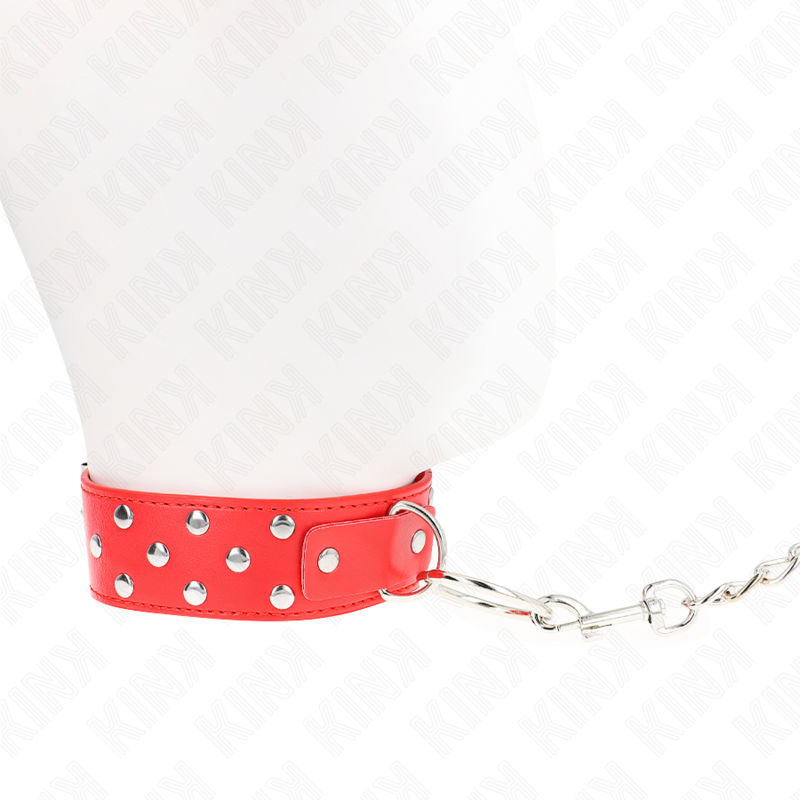 KINK - HALSKETTING MET RIEM EN KLINKNAGELRING 65 CM ROOD, VERSTELBAAR 36-50 CM X 3.8 CM