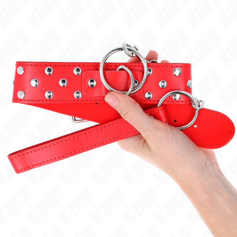 KINK - HALSKETTING MET RIEM EN KLINKNAGELRING 65 CM ROOD, VERSTELBAAR 36-50 CM X 3.8 CM