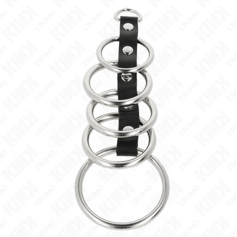 KINK - 5 METALEN PENISRINGEN VAN 3.2 CM TOT 5 CM, VERBONDEN DOOR LEREN