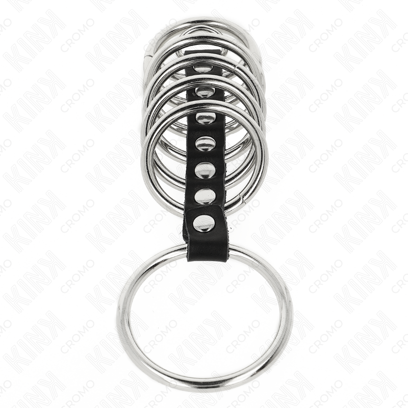 KINK - 7 METALEN PENISRINGEN VAN 3.2 CM TOT 5 CM, VERBONDEN DOOR LEREN