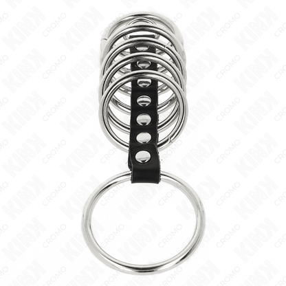 KINK - 7 METALEN PENISRINGEN VAN 3.2 CM TOT 5 CM, VERBONDEN DOOR LEREN
