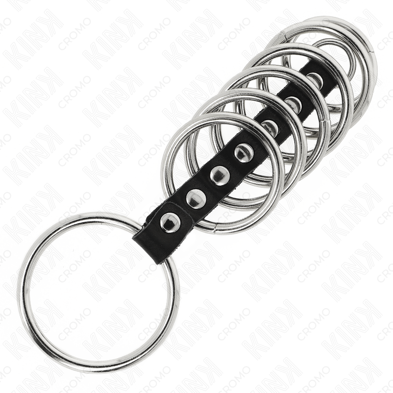 KINK - 7 METALEN PENISRINGEN VAN 3.2 CM TOT 5 CM, VERBONDEN DOOR LEREN