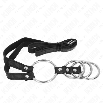 KINK - 4 VERBONDEN METALEN PENISRINGEN VAN 3.8 CM TOT 5 CM MET LEREN RIEM VAN 112 CM