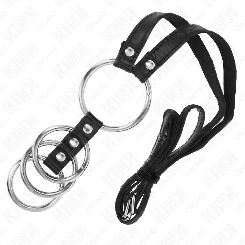 KINK - 4 VERBONDEN METALEN PENISRINGEN VAN 3.8 CM TOT 5 CM MET LEREN RIEM VAN 112 CM