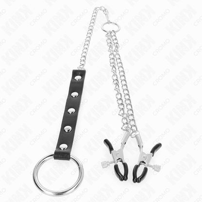 KINK - metalen penisring met ketting en verstelbare tepelklemmen