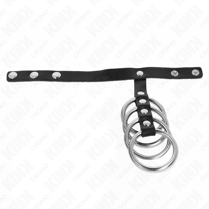 KINK - 4 METALEN PENISRINGEN VAN 3.8 CM, VERBONDEN MET LEREN RIEM 22 X 1.5 CM EN DRUKSLUITING